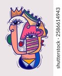 Aesthetic abstract face portrait people geometric decorative doodle hand drawn vector illustration. Artistic design art print, wall art, cards and poster.