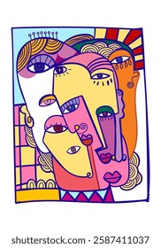 Aesthetic abstract face portrait people geometric decorative doodle hand drawn vector illustration. Artistic design art print, wall art, cards and poster.