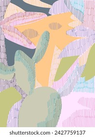 Aesthetic abstract floral, flowers and plants colorful hand drawn vector illustration background. Botanical design for wall art, banner, flyer, poster, cover, and cards.