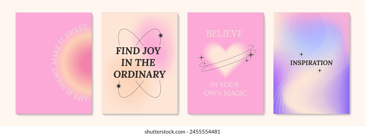 Aesthetic abstract gentle gradient background with ispiration and motivation quotes and phrases posters on blurred pattern. Modern print for social media stories, album covers, banners, templates.