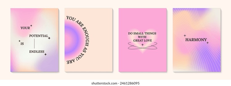 Aesthetic abstract gentle gradient background with ispiration and motivation quotes and phrases posters on blurred pattern. Modern print for social media stories, album covers, banners, templates.