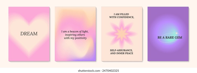 Aesthetic abstract gentle gradient background with ispiration and motivation quotes and phrases posters on blurred pattern. Modern print for social media stories, album covers, banners, templates.