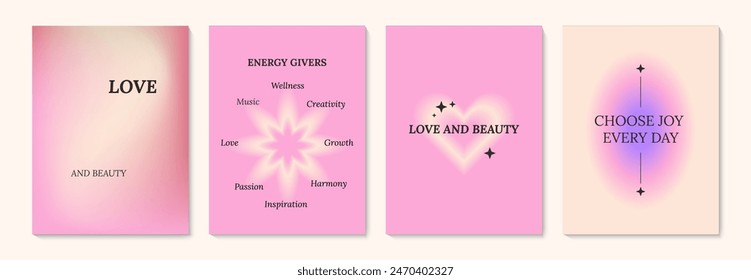 Aesthetic abstract gentle gradient background with ispiration and motivation quotes and phrases posters on blurred pattern. Modern print for social media stories, album covers, banners, templates.
