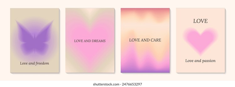 Aesthetic abstract gentle gradient background with ispiration and motivation quotes and phrases posters on blurred pattern. Modern print for social media stories, album covers, banners, templates.