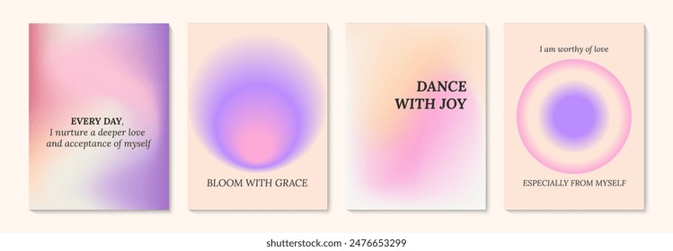 Aesthetic abstract gentle gradient background with ispiration and motivation quotes and phrases posters on blurred pattern. Modern print for social media stories, album covers, banners, templates.