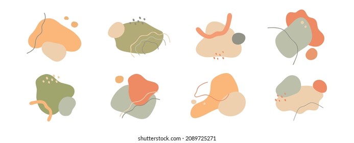 Conjuntos de formas estéticas de etiquetas abstractas. Elementos de diseño de venta en estilo ecológico natural para banners de promoción e ilustraciones de medios sociales. Banderas onduladas geométricas de color naranja vectorial, verde y beige.