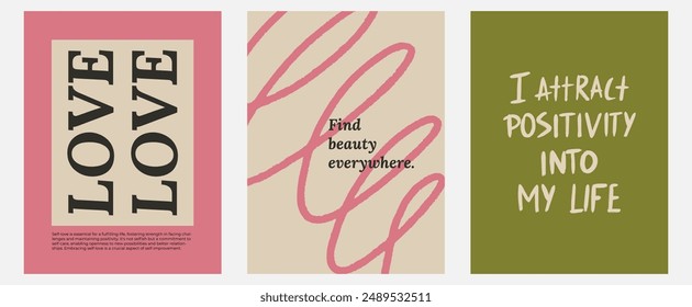 Aesthetic abstract pastel background with ispiration and motivation quotes and phrases posters on blurred pattern. Modern print for social media stories, album covers, banners, templates.