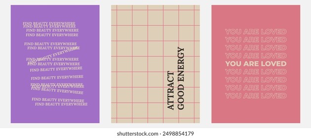 Aesthetic abstract pastel background with ispiration and motivation quotes and phrases posters on blurred pattern. Modern print for social media stories, album covers, banners, templates.