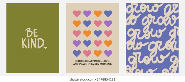 Aesthetic abstract pastel background with ispiration and motivation quotes and phrases posters on blurred pattern. Modern print for social media stories, album covers, banners, templates.