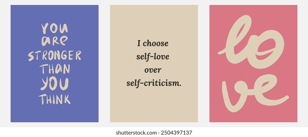 Aesthetic abstract pastel background with ispiration and motivation quotes and phrases posters on blurred pattern. Modern print for social media stories, album covers, banners, templates.