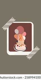 Aesthetic Abstract Picture In Frame Abstract Fashion Portrait Birthday Girl With Cake Balloons And Candles For Social Media Or Mood Board Illustration Vector Design