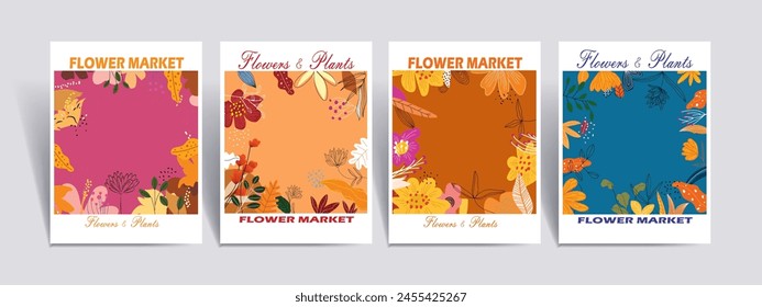 Plantas y flores abstractas estéticas, florales, fondo de Ilustración vectorial dibujado a mano. Diseño para arte mural, decoración, impresión, póster, portada y Fondo de pantalla.