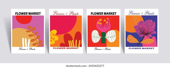 Plantas y flores abstractas estéticas, florales, fondo de Ilustración vectorial dibujado a mano. Diseño para arte mural, decoración, impresión, póster, portada y Fondo de pantalla.