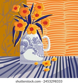 Ästhetische abstrakte Pflanzen und Blumen in Vasen, Töpfe handgezeichnete Vektorillustration Hintergrund. Design für Wandkunst, Dekoration, Druck, Poster, Cover und Bildschirmhintergrund.