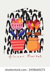 Aesthetic abstract plants and flowers in vases, pots hand drawn vector illustration background. Design for wall art, decoration, print, poster, cover and wallpaper.