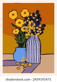 Aesthetic abstract plants and flowers in vases, pots hand drawn vector illustration background. Design for wall art, decoration, print, poster, cover and wallpaper.