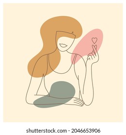 Aesthetic abstract poster of beautiful woman showing love sign by fingers. Minimalistic female portrait in trendy linear style. Heart shape in hand. Self care, sharing, giving love vector illustration