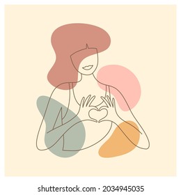 Afiche estético abstracto de la mujer mostrando el signo del amor a mano. La silueta femenina forma el corazón de los dedos. Ilustración vectorial en estilo lineal de moda. Retrato de feminidad. Concepto de autocuidado