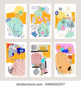 Fondo de ilustración vectorial de conjunto dibujado a mano abstracto estético. Diseño de arte de línea orgánica para tarjeta, banner e impresión de arte.