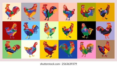 Aesthetic abstract silhouettes chicken set vector illustration. Geometric and shapes on colorful background. Design for decoration poster  and all art.