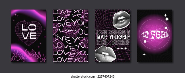 Aesthetic acid y2k cyberpunk love backgrounds. Design templates for valentine day card, social media, banner. Vector illustration of trendy girly neon pink graphic with wireframe, halftone collage.