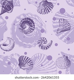 Aesthetic all over nautical, sea shells seamless printable pattern. Hand drawn organic fossil pattern ideas for backdrops, home decor, textile, poster, banner, templates, brochure, carpet and rugs.