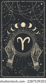 Aesthetic Aries zodiac signs card for stories, astrological horoscope, boho line design, gold engraving on black background with stars. Vector illustration.