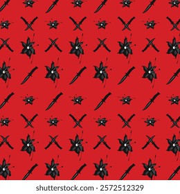 Aesthetic art floral and dagger pattern red background, suitable for fabric print