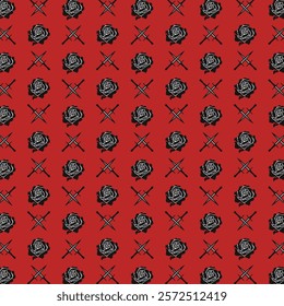 Aesthetic art rose flower and dagger pattern red background, suitable for fabric print.