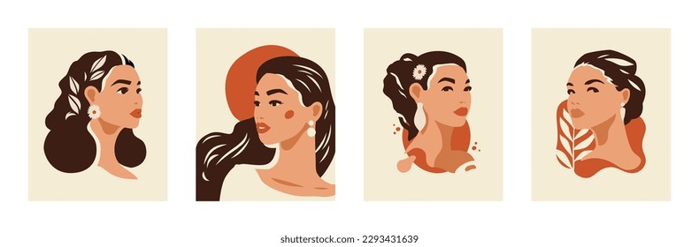 Aesthetic Asian female paint abstract portrait beauty face hair contemporary art poster set vector flat illustration. Mixed race woman romantic tropical flower sun minimalist modern hand drawn print