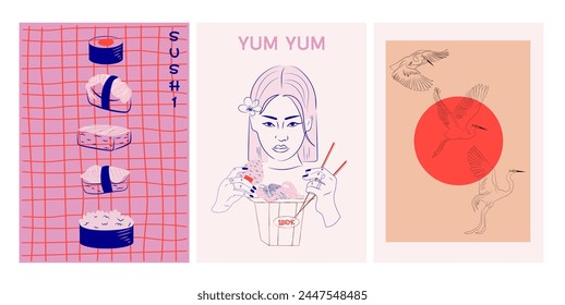 Aesthetic asian illustration street food, wok, sushi, stroks flying at sunrise. Editable vector illustration.