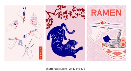 Aesthetic asian illustration with street food,ramen, sushi,  tiger illustration. Interior wall art, poster. Editable vector illustration. 