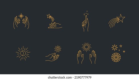 Aesthetic astral hands. Collection of cosmic and celestial elements with sun, moon and stars. Isolated editable linear vectors. 