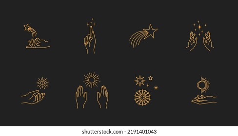 Aesthetic astral hands. Collection of cosmic and celestial elements with sun, moon and stars. Isolated editable linear vectors. 