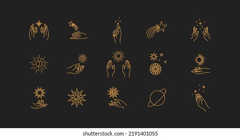 Aesthetic astral hands. Collection of cosmic and celestial elements with sun, moon and stars. Isolated editable linear vectors. 