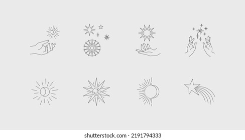 Aesthetic astral hands. Collection of cosmic and celestial elements with sun, moon and stars. Isolated editable linear vectors. 