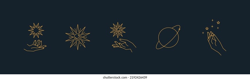 Aesthetic astral hands. Collection of cosmic and celestial elements with sun, moon and stars. Isolated editable linear vectors. 