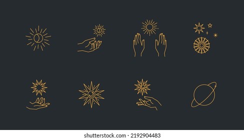 Aesthetic astral hands. Collection of cosmic and celestial elements with sun, moon and stars. Isolated editable linear vectors. 