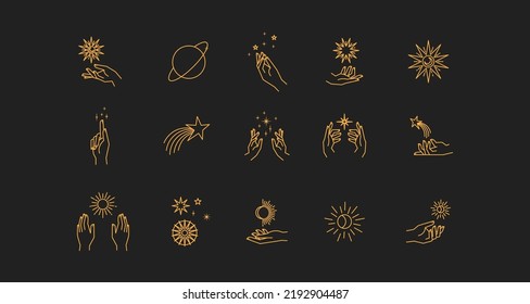 Aesthetic astral hands. Collection of cosmic and celestial elements with sun, moon and stars. Isolated editable linear vectors. 