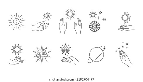 Aesthetic astral hands. Collection of cosmic and celestial elements with sun, moon and stars. Isolated editable linear vectors. 