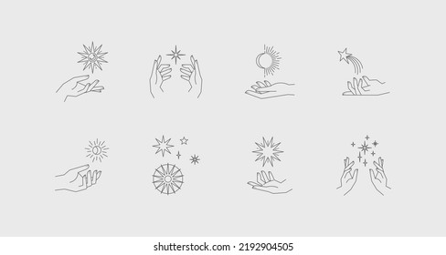 Aesthetic astral hands. Collection of cosmic and celestial elements with sun, moon and stars. Isolated editable linear vectors. 