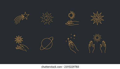 Aesthetic astral hands. Collection of cosmic and celestial elements with sun, moon and stars. Isolated editable linear vectors. 