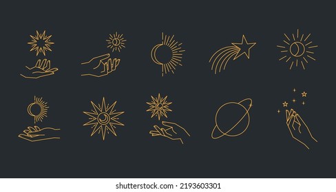 Aesthetic astral hands. Collection of cosmic and celestial elements with sun, moon and stars. Isolated editable linear vectors. 