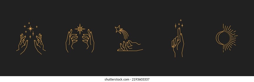 Aesthetic astral hands. Collection of cosmic and celestial elements with sun, moon and stars. Isolated editable linear vectors. 