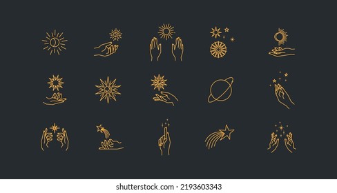 Aesthetic astral hands. Collection of cosmic and celestial elements with sun, moon and stars. Isolated editable linear vectors. 