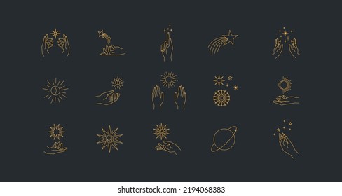 Aesthetic astral hands. Collection of cosmic and celestial elements with sun, moon and stars. Isolated editable linear vectors. 