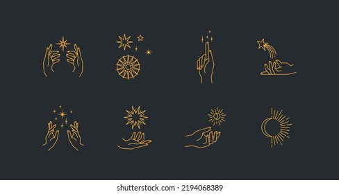 Aesthetic astral hands. Collection of cosmic and celestial elements with sun, moon and stars. Isolated editable linear vectors. 