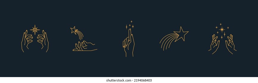 Aesthetic astral hands. Collection of cosmic and celestial elements with sun, moon and stars. Isolated editable linear vectors. 