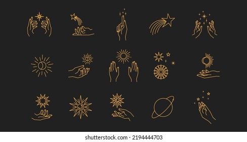 Manos astrales estéticas. Colección de elementos cósmicos y celestes con sol, luna y estrellas. Vectores lineales editables aislados. 