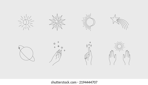 Manos astrales estéticas. Colección de elementos cósmicos y celestes con sol, luna y estrellas. Vectores lineales editables aislados. 